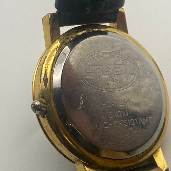 Fossil PC 9291 Gold Tone Watch with Black Leather Band - Picture 2 of 6